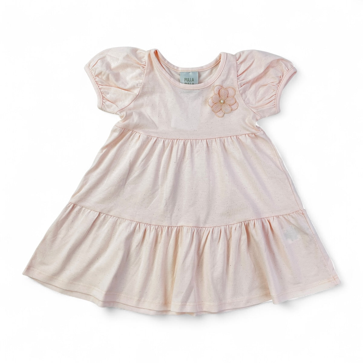 Vestido Pulla Bulla Infantil Rosa com Brilho e Flor Aplicada