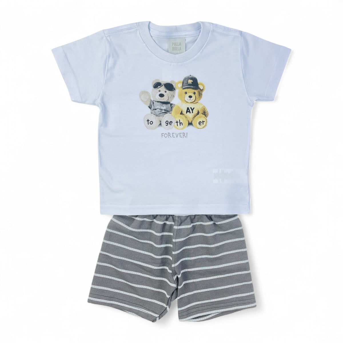 Conjunto Pulla Bulla Infantil com Estampa de Ursinhos e Bermuda Listrada