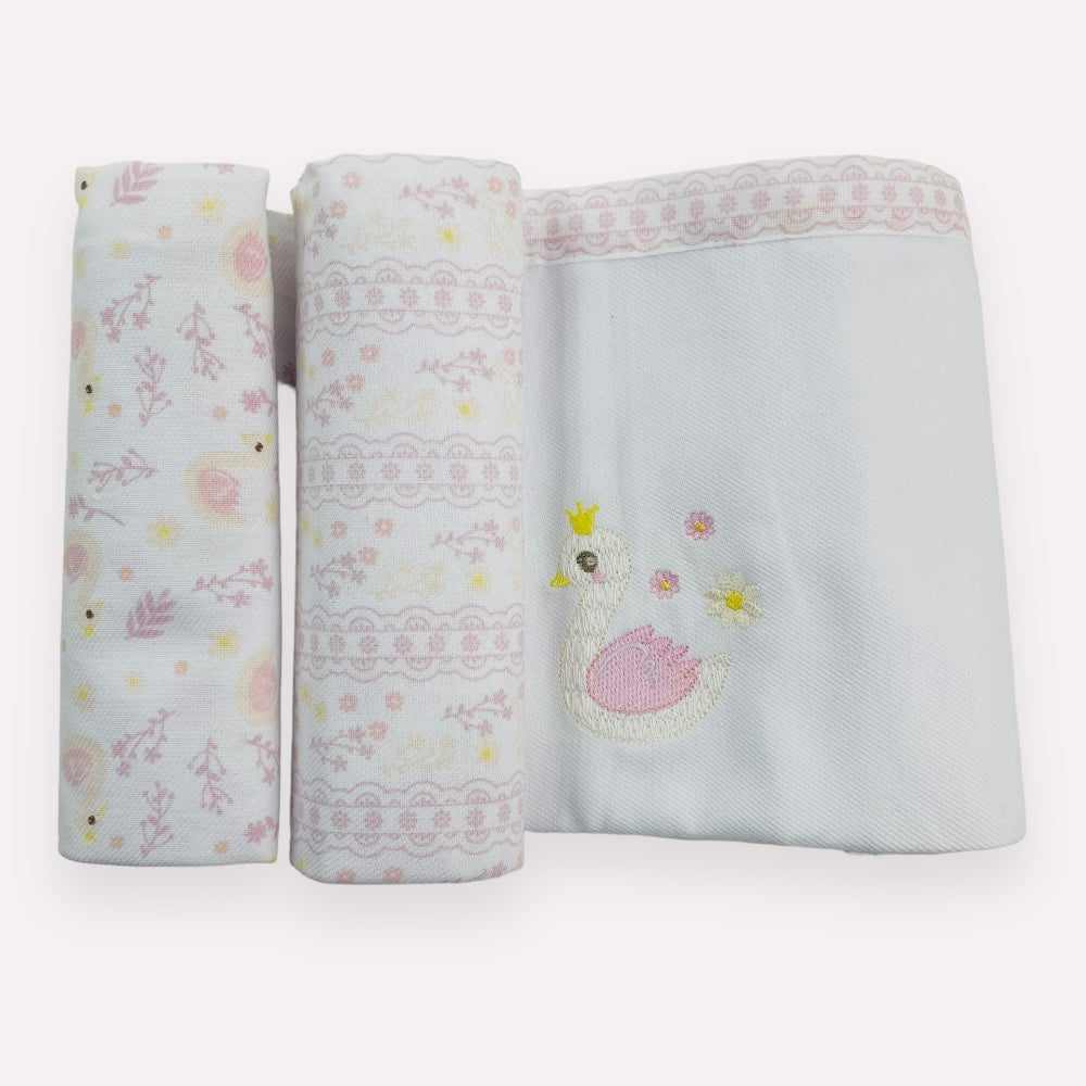Kit Cueiro Rolinhos Baby Nice Cisne 3 Peças- Rosa - 80 X80 Cm