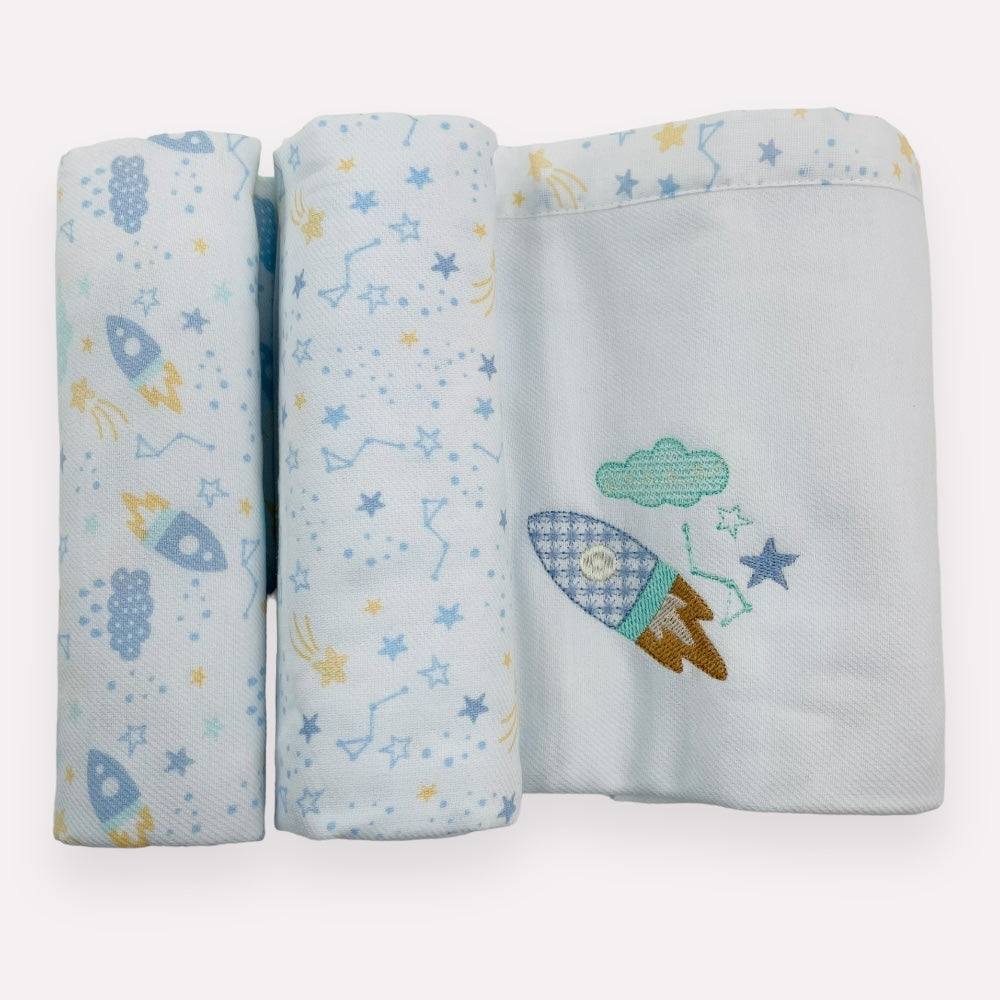 Kit Cueiro Rolinhos Baby Nice Foguete 3 Peças - Azul - 80X80 Cm