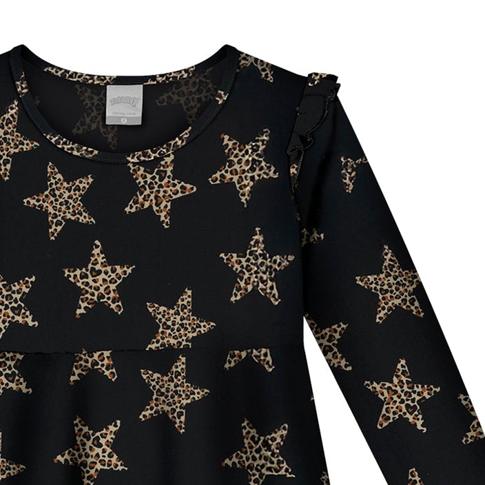 Vestido Infantil Alakazoo Manga Longa Estrelas Animal Print Preto
