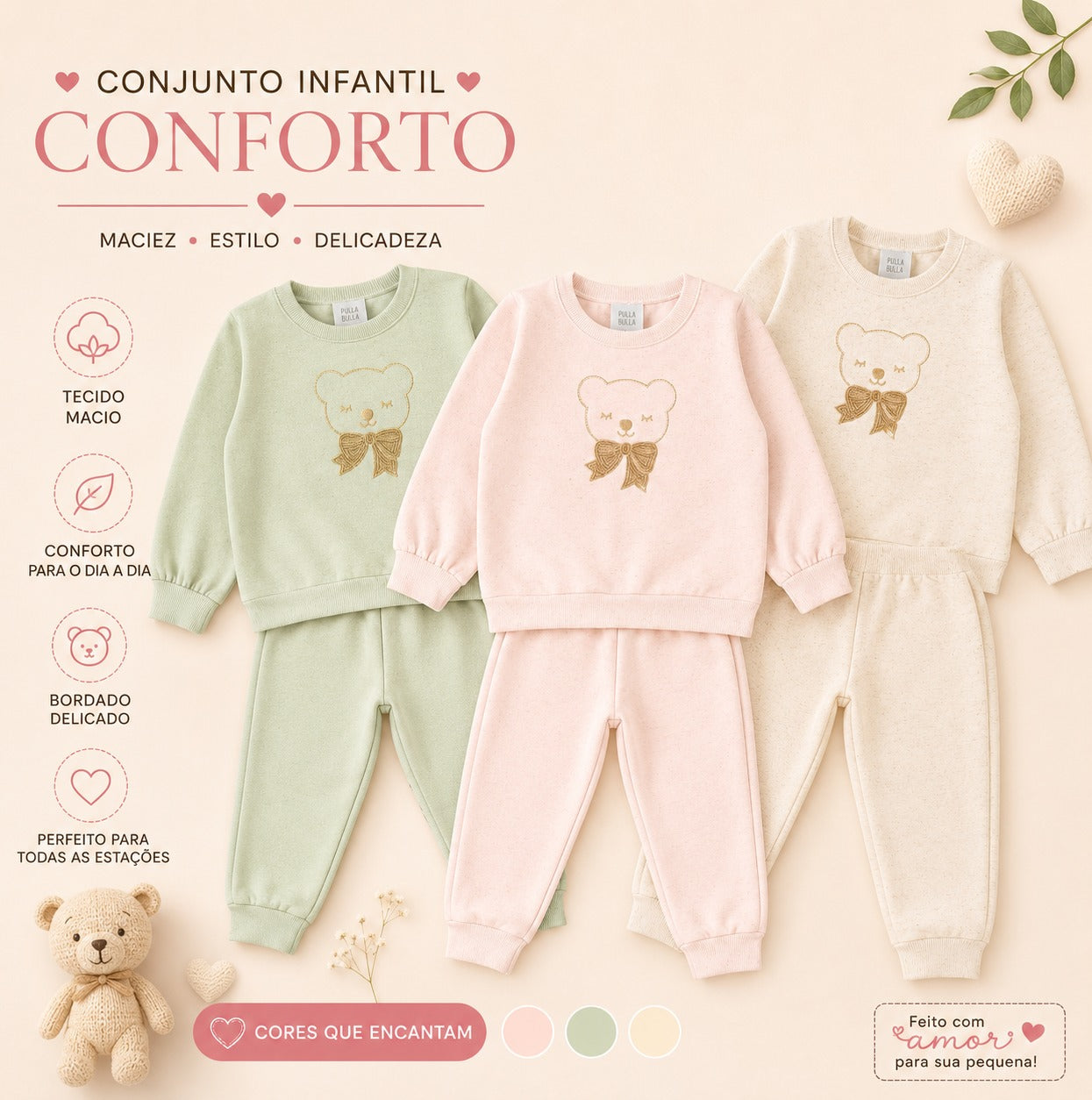 Conjunto Moletom Infantil Feminino Pulla Bulla Ursinha com Laço Bordado