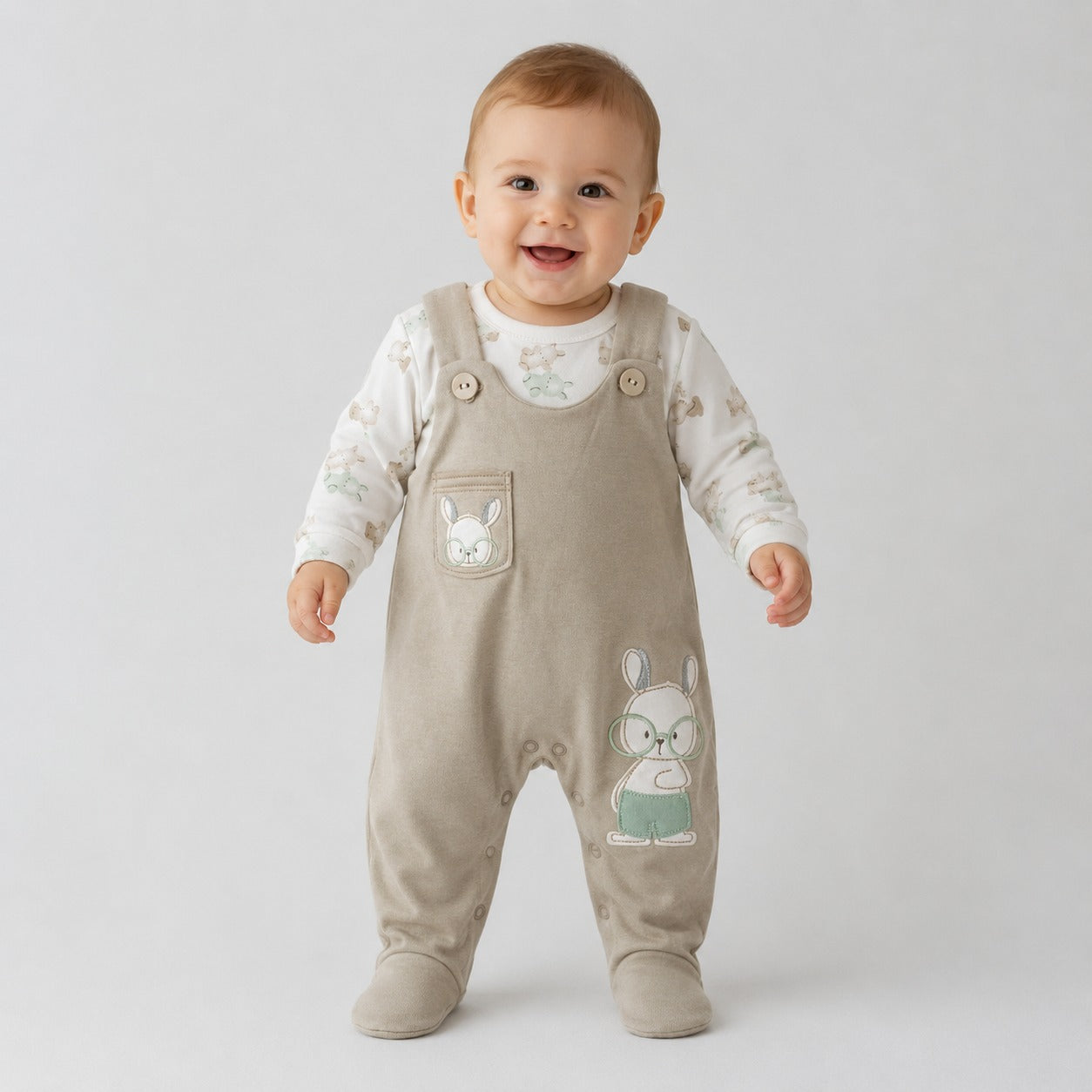 Conjunto Infantil Masculino Jardineira e Body Gira Gigi Coelho