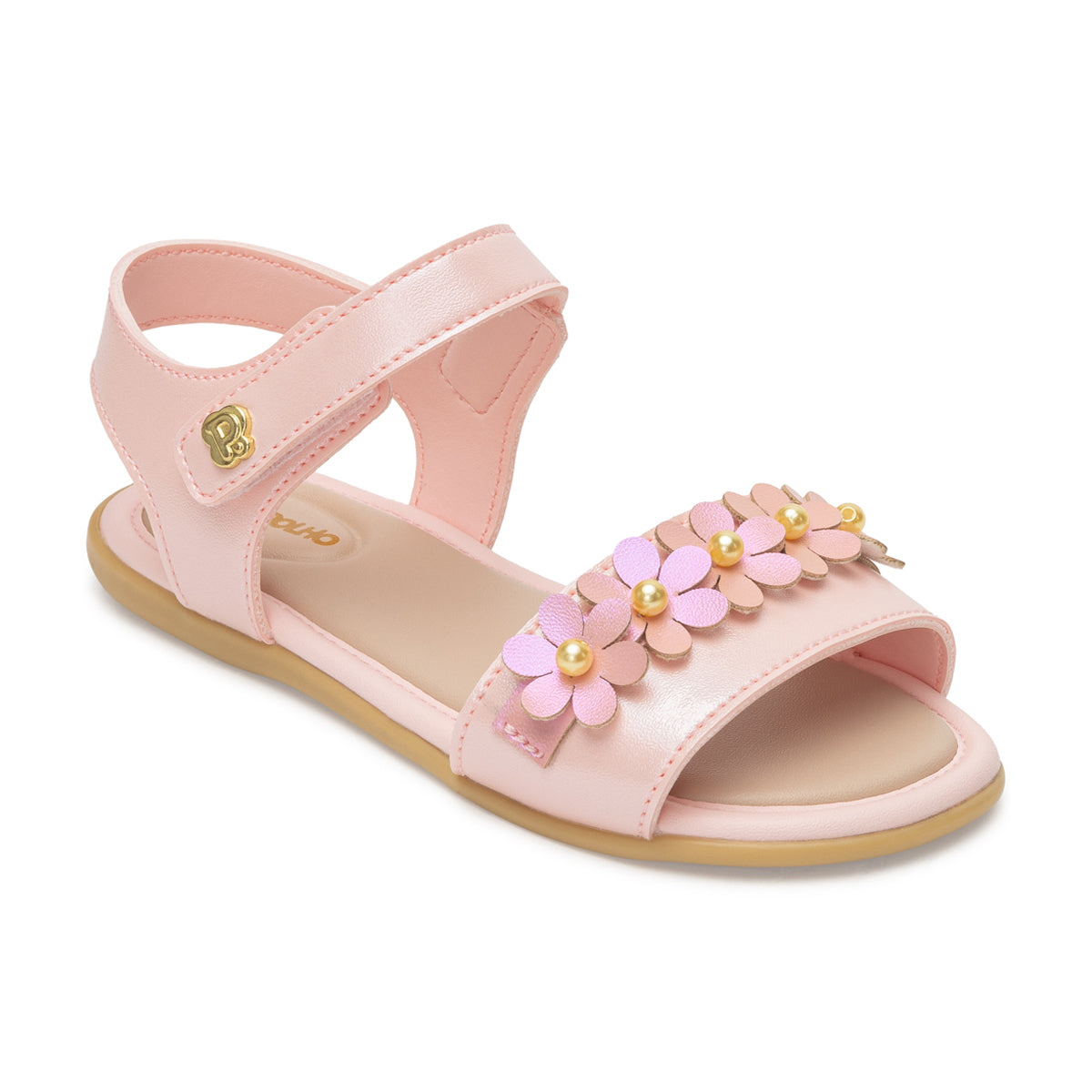 Sandália Infantil Menina Pimpolho Flora Rosa com Flores e Pérolas