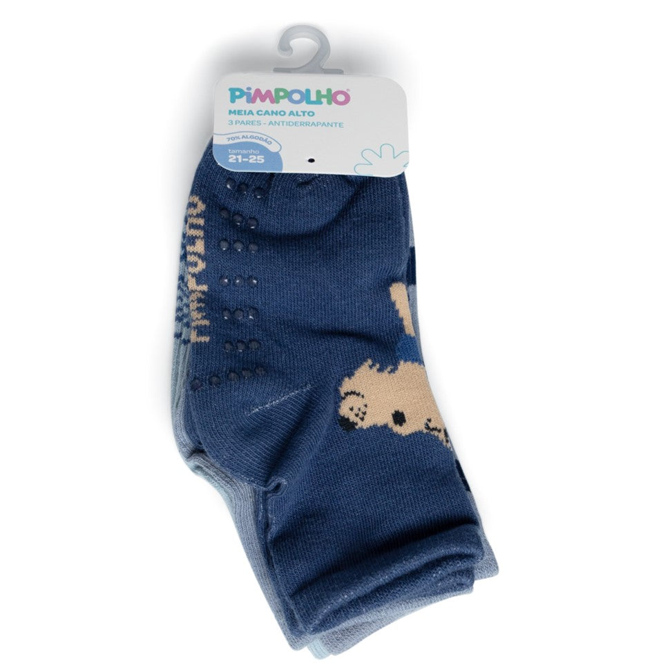 Kit de Meias Infantil Pimpolho Antiderrapante Cano Alto com 3 Pares