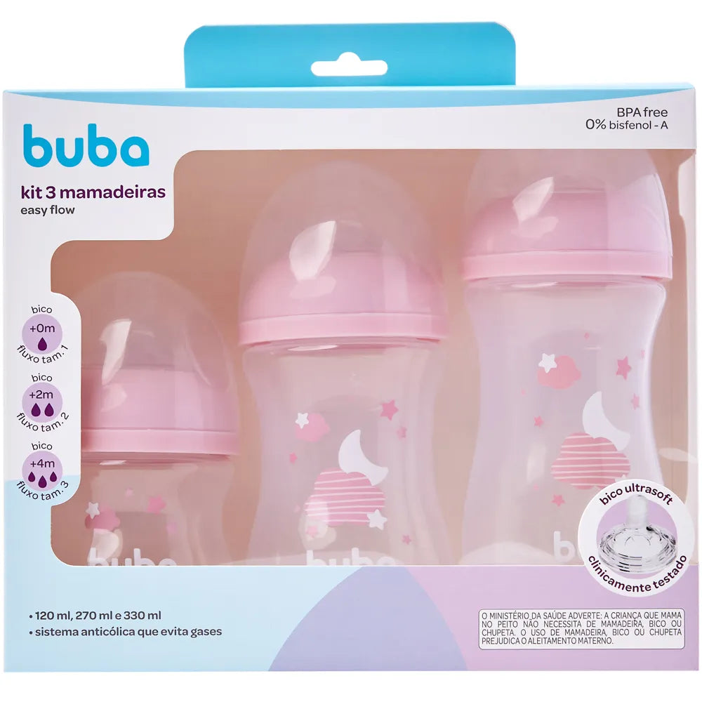 Kit Mamadeiras Buba Easy Flow Nuvem Anticólica com 3 Unidades