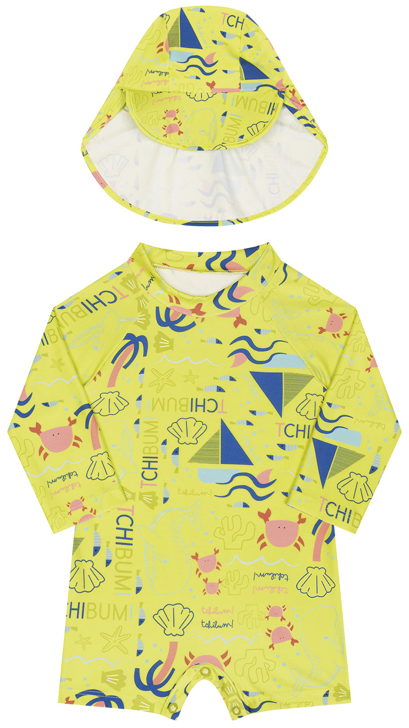 Macaquinho Infantil Masculino Kamylus Tchibum Fundo do Mar + Boné – Manga Longa UV50+ Proteção Solar