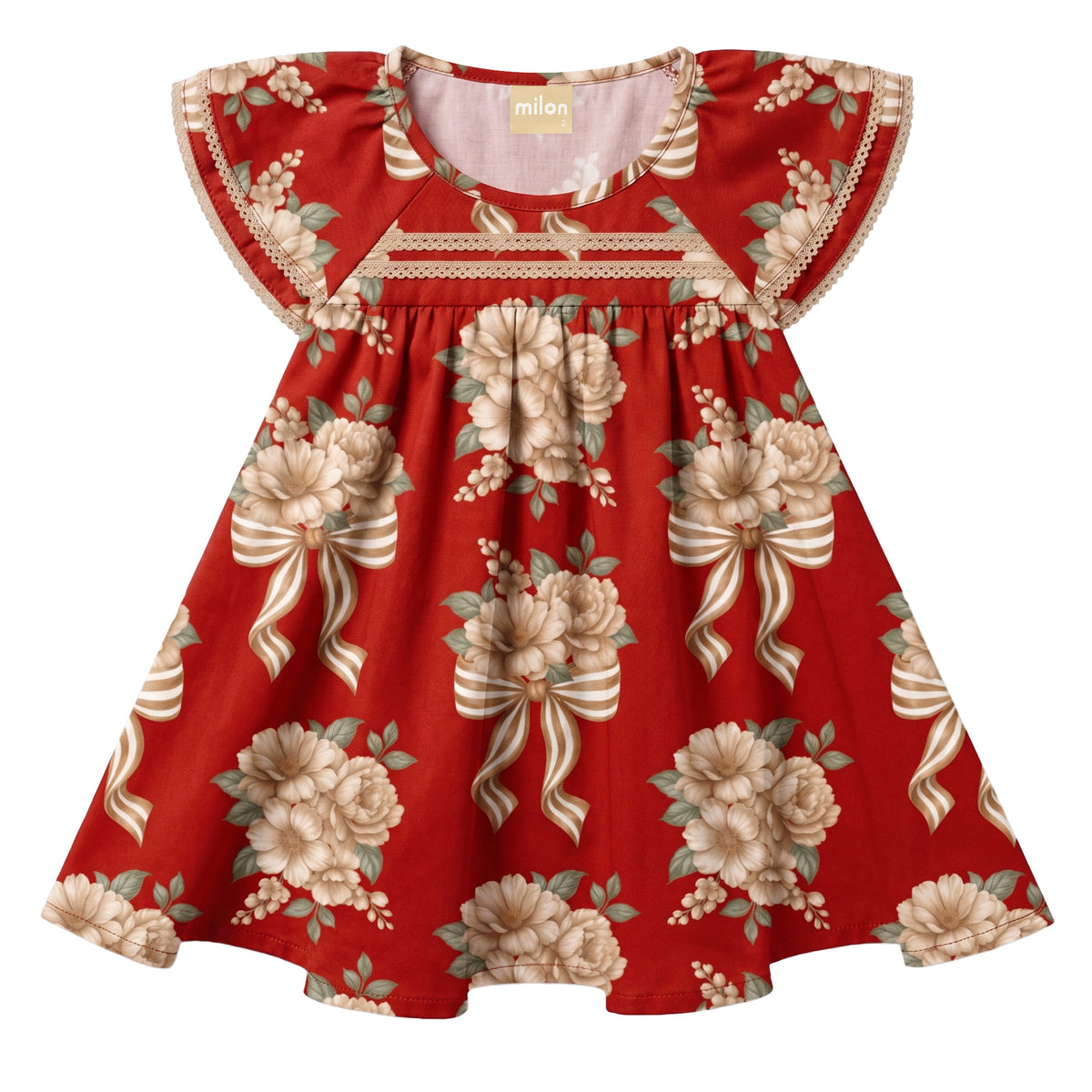 Vestido Infantil Feminino Milon Laços e Flores Estampado com Guipir