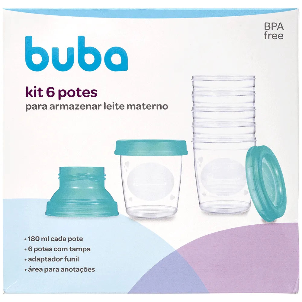 Kit 6 Potes Buba para Armazenar Leite Materno 180ml com Adaptador