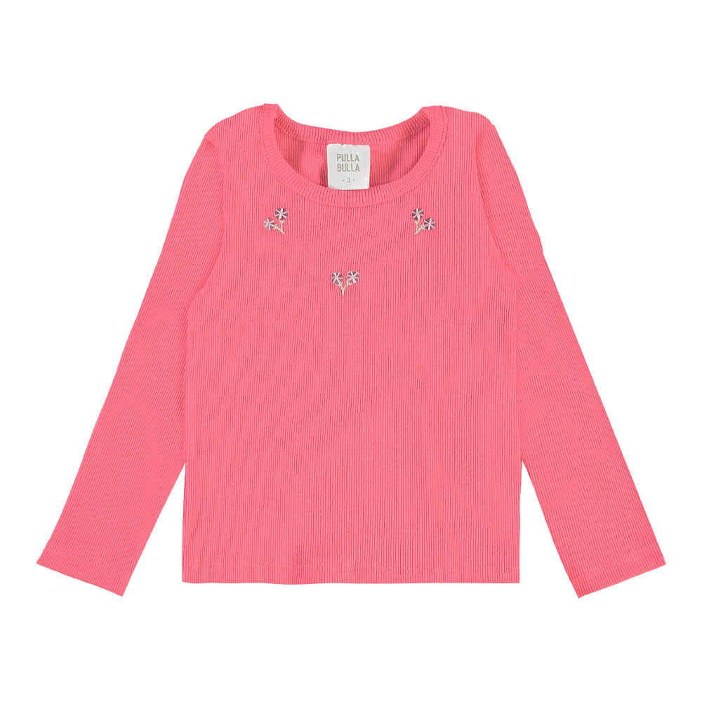 Blusa Infantil Feminina Pulla Bulla Manga Longa Canelada com Bordado Florzinhas