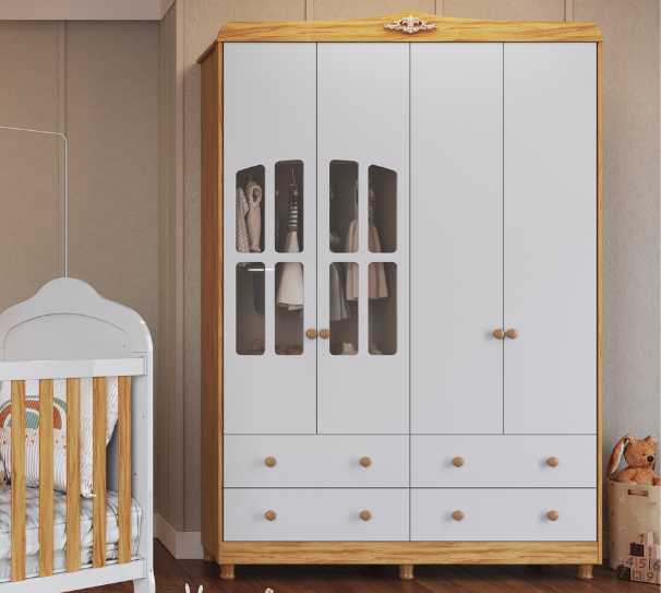 Guarda RoupaElô 4 Portas com Janela 100% MDF com PETG Cristal e Corrediças Telescópicas