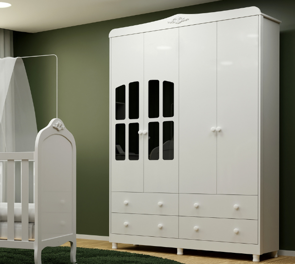 Guarda RoupaElô 4 Portas com Janela 100% MDF com PETG Cristal e Corrediças Telescópicas
