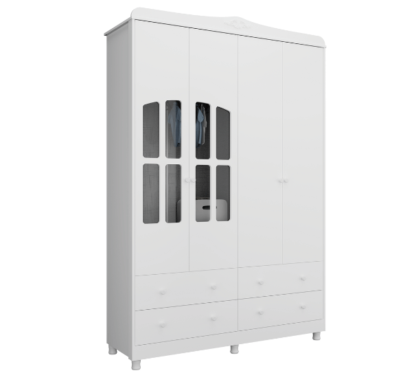 Guarda RoupaElô 4 Portas com Janela 100% MDF com PETG Cristal e Corrediças Telescópicas