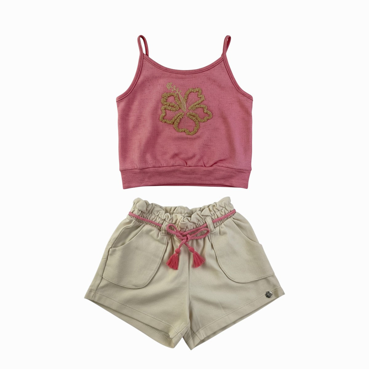 Conjunto Feminino Infantil Have Fun Hibisco Bordado em Malha Linho