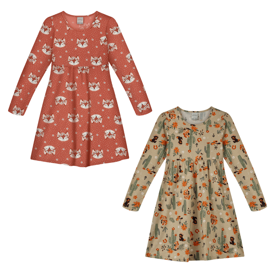 Vestido Infantil Alakazoo Manga Longa em Meia Malha Penteada