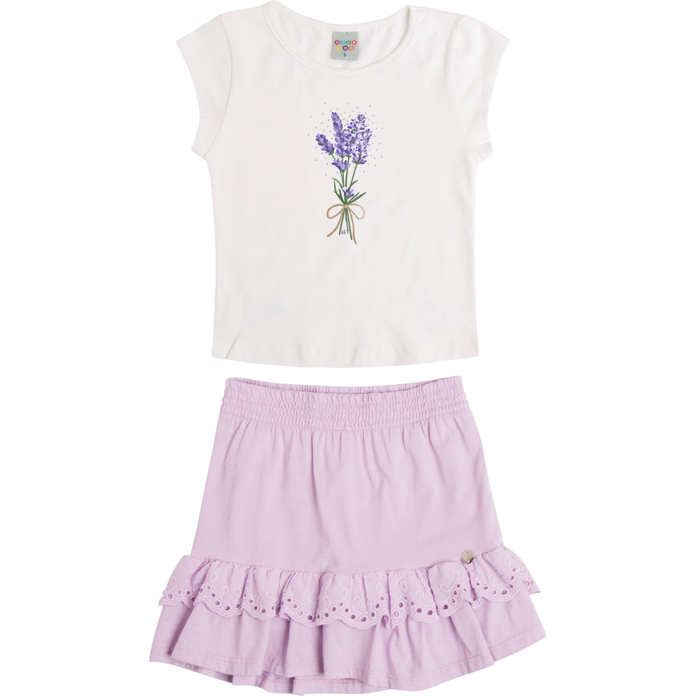 Conjunto Infantil Feminino Have Fun Lavanda Meia Malha e Short Saia em Laise