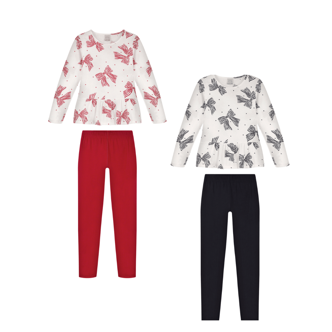 Conjunto Infantil Feminino Alakazoo Manga Longa Meia Malha Penteada Laços