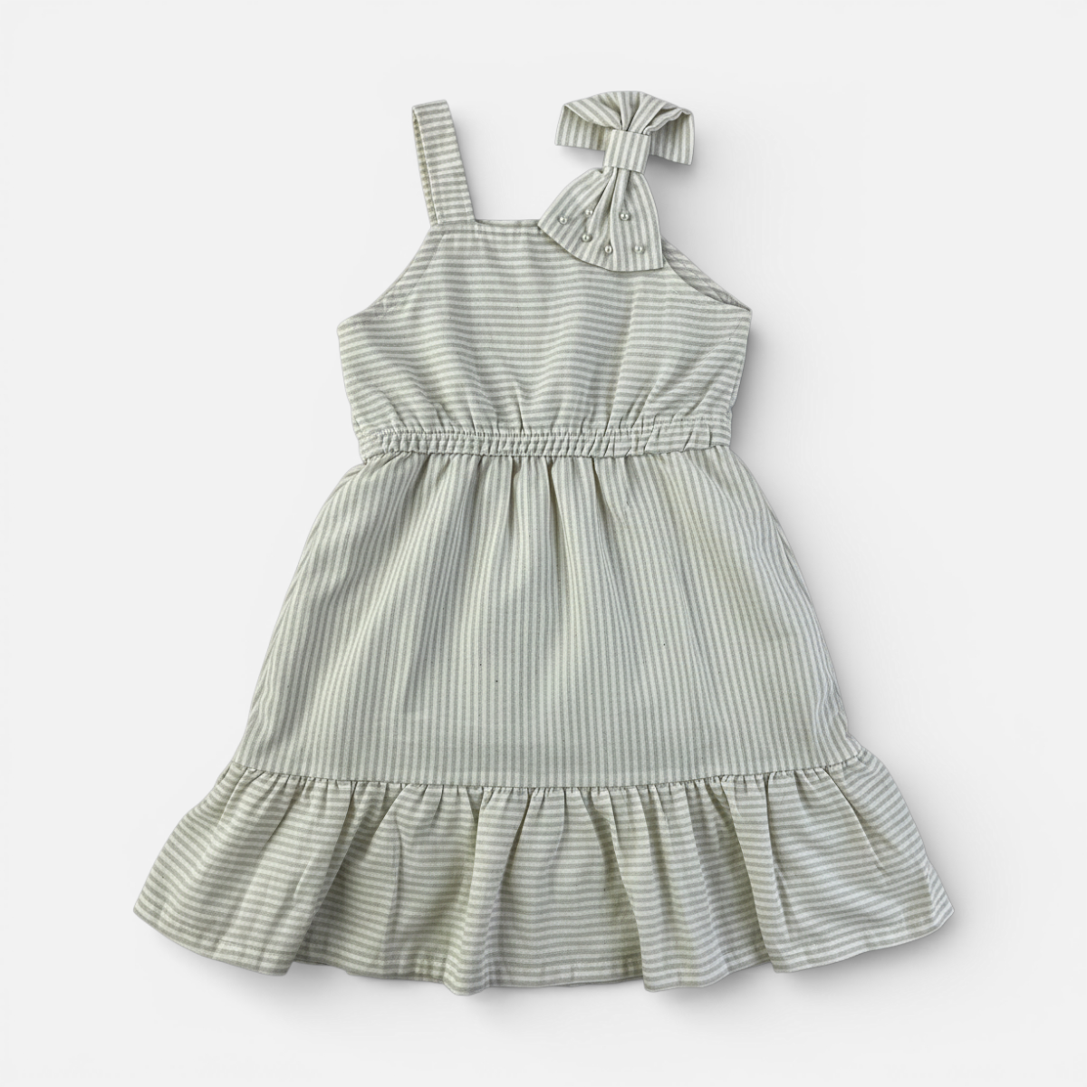 Vestido Infantil Brincar e Arte Listrado Laço Pérolas