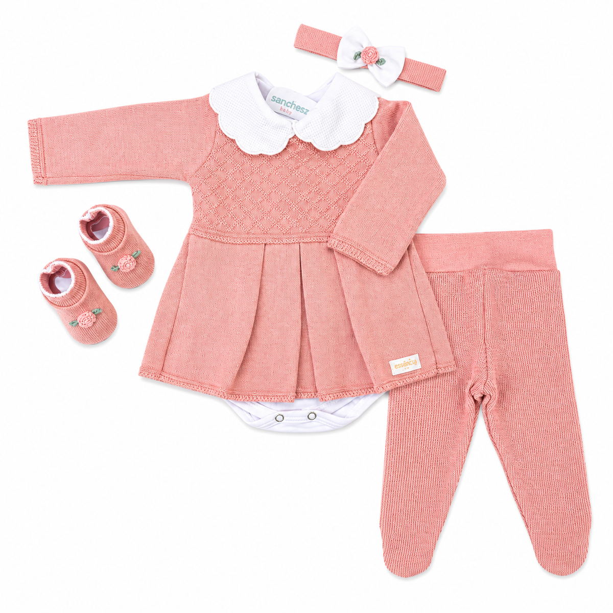 Kit Vestidinho Sanches Baby em Tricot 5 Peças