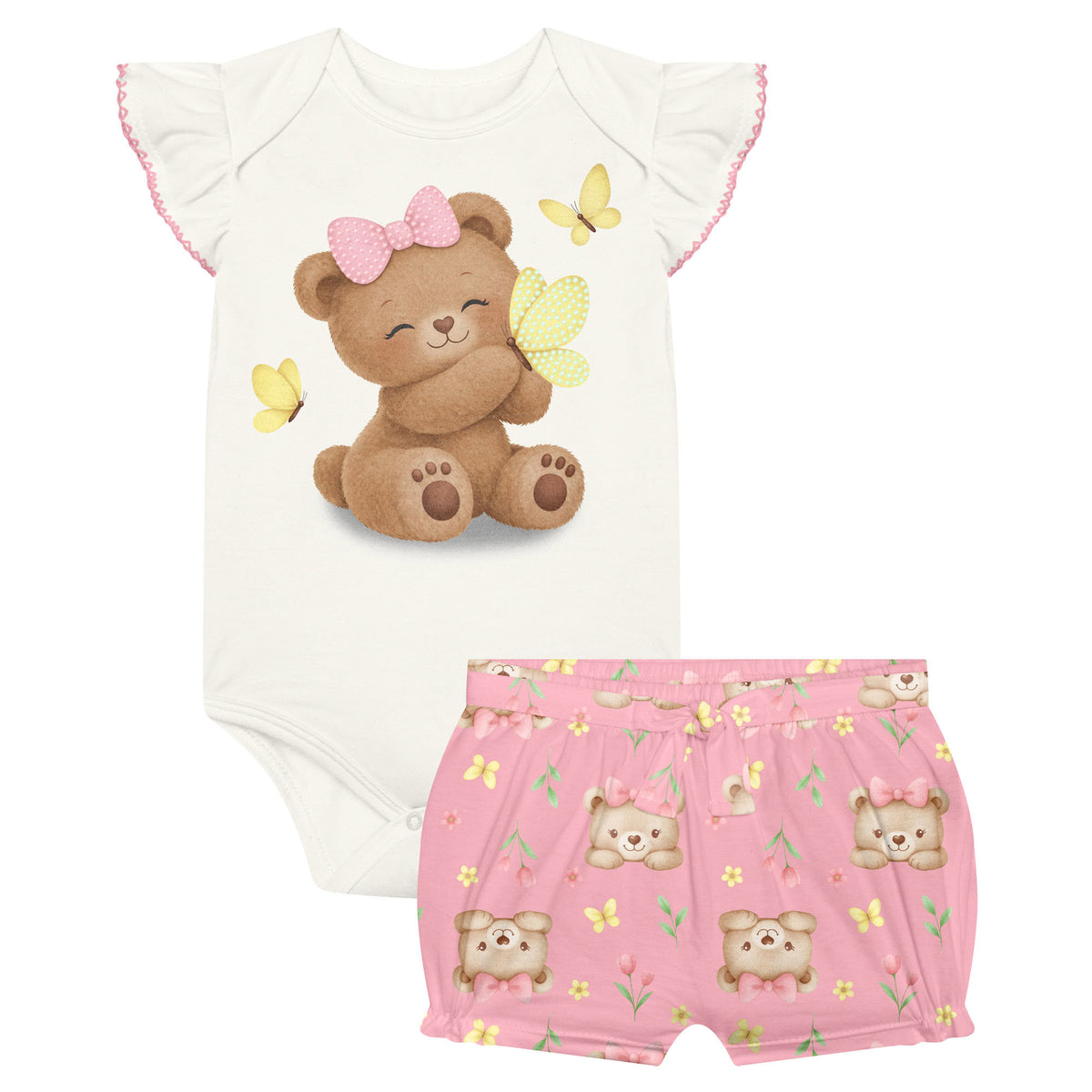 Conjunto Feminino Kyly Bebê Ursinha e Borboletas Body e Tapa-Fraldas 
