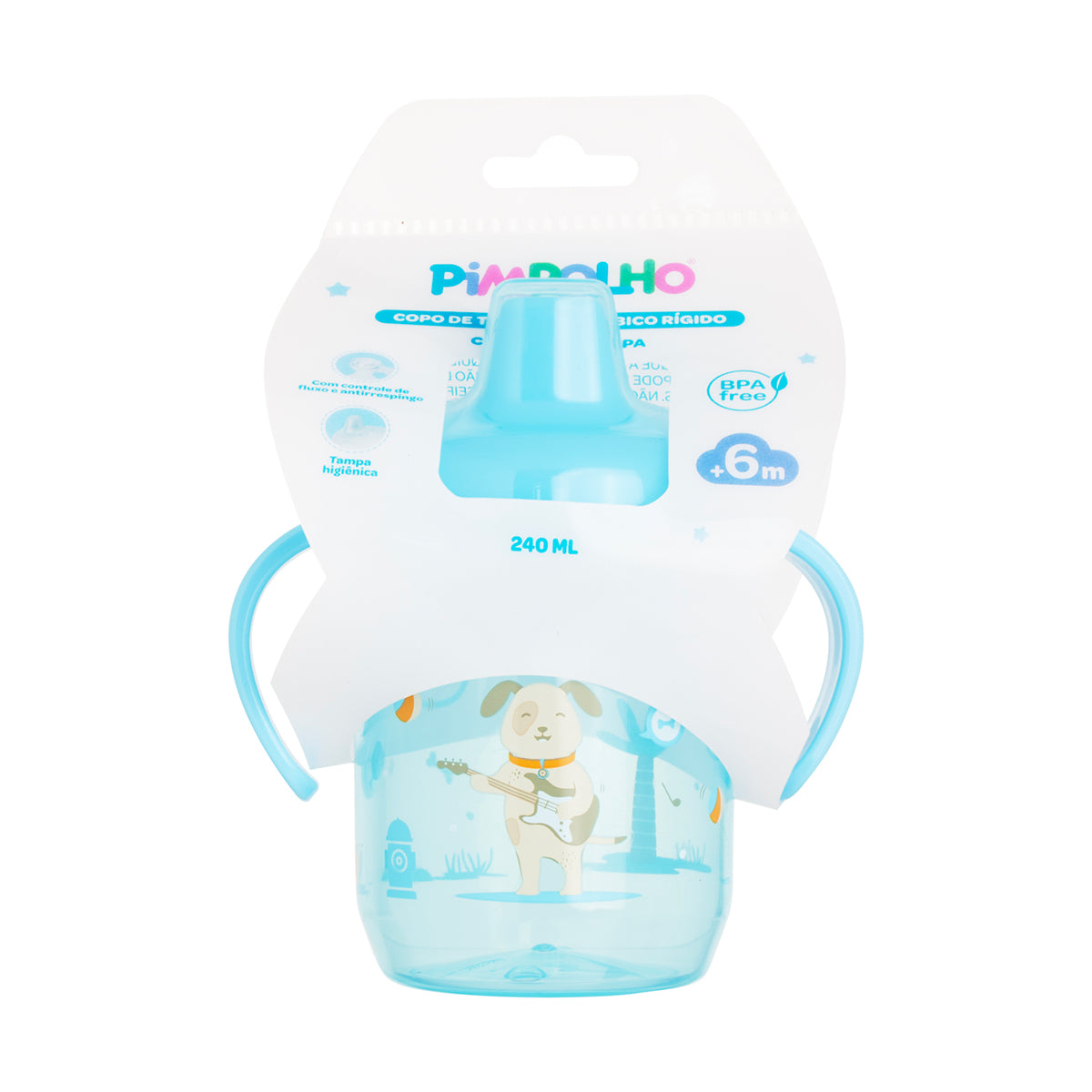 Copo De Treinamento Pimpolho Cachorro Bico Rigido Com alça E Tampa +6 M - 240 Ml - Azul