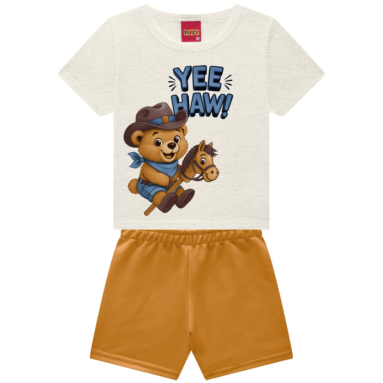 Conjunto Infantil Masculino Kyly Ursinho Yee Haw! - Camiseta + Bermuda Moletinho