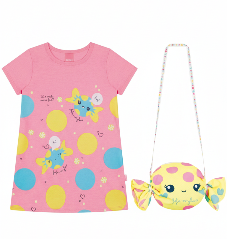Vestido Infantil Kamylus Fofo com Bolsa de Bala – Microfibra Confortável – Look Completo