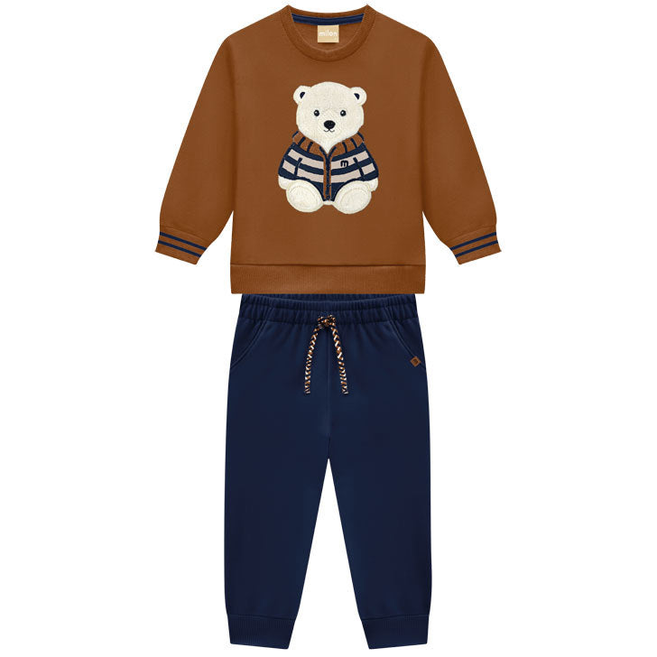 Conjunto Infantil Masculino Milon Moletom Peluciado Ursinho 100% Algodão