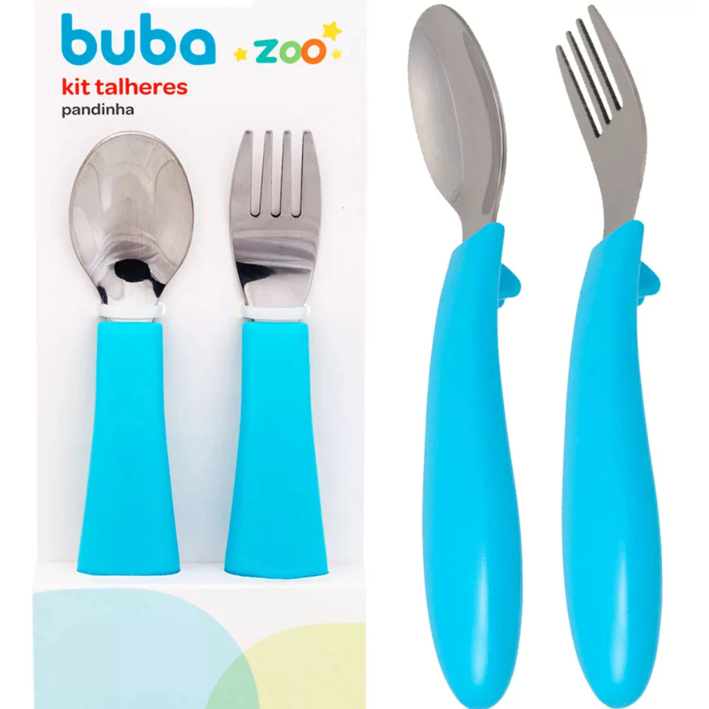 Kit Talheres Infantil Buba Zoo Inox Garfo e Colher com Apoio Higiênico +6 Meses 2 peças