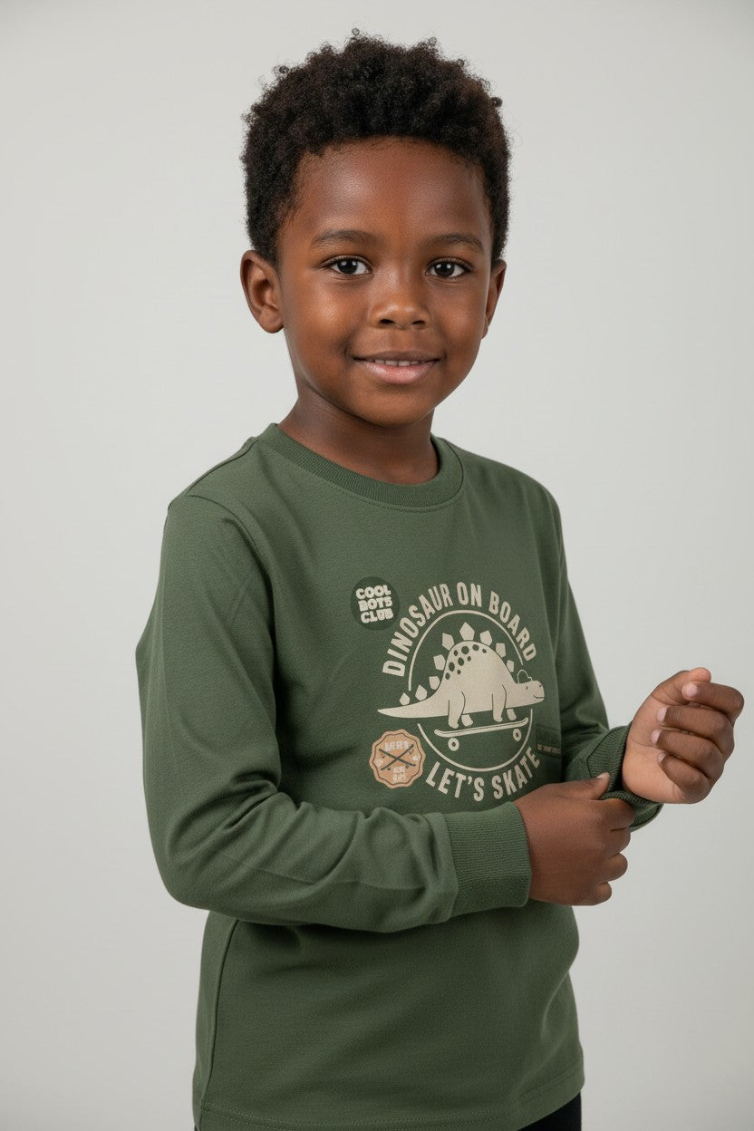 Camiseta Infantil Masculina Pulla Bulla Dinosaur On Board Manga Longa