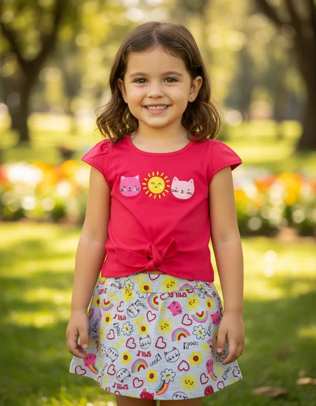 Conjunto infantil Feminino Hrradinhos Gatinhos Short Saia Blusa Verão