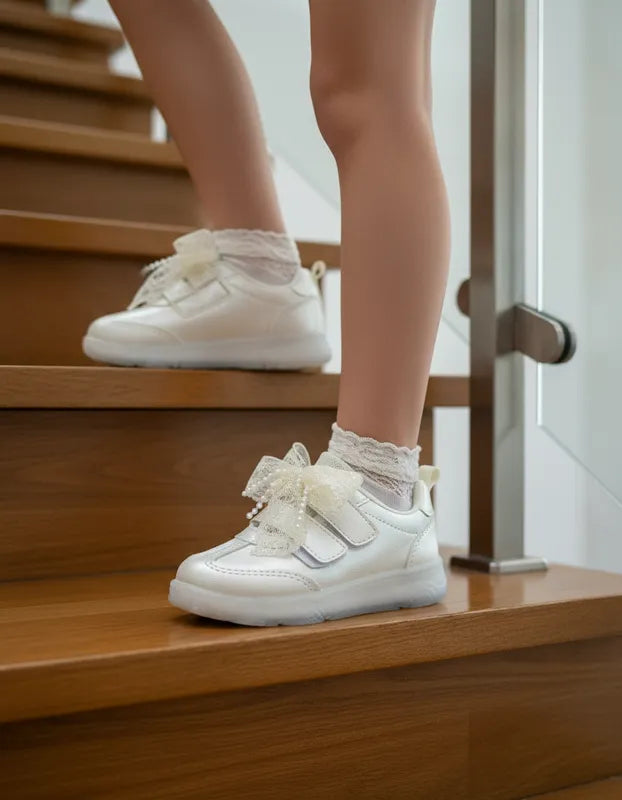 Tênis Infantil Pampili Liz Luz Led Laço Rendado Removível Calce Fácil