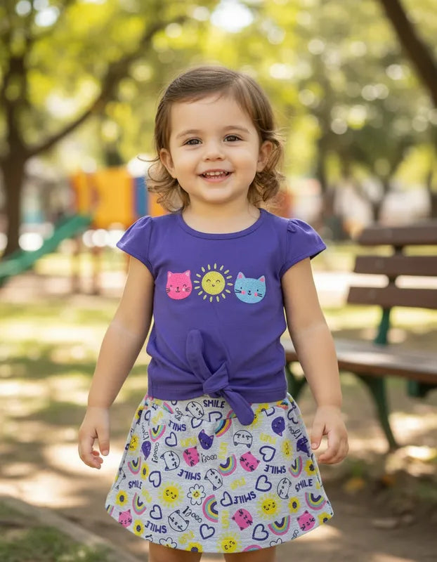 Conjunto infantil Feminino Hrradinhos Gatinhos Short Saia Blusa Verão