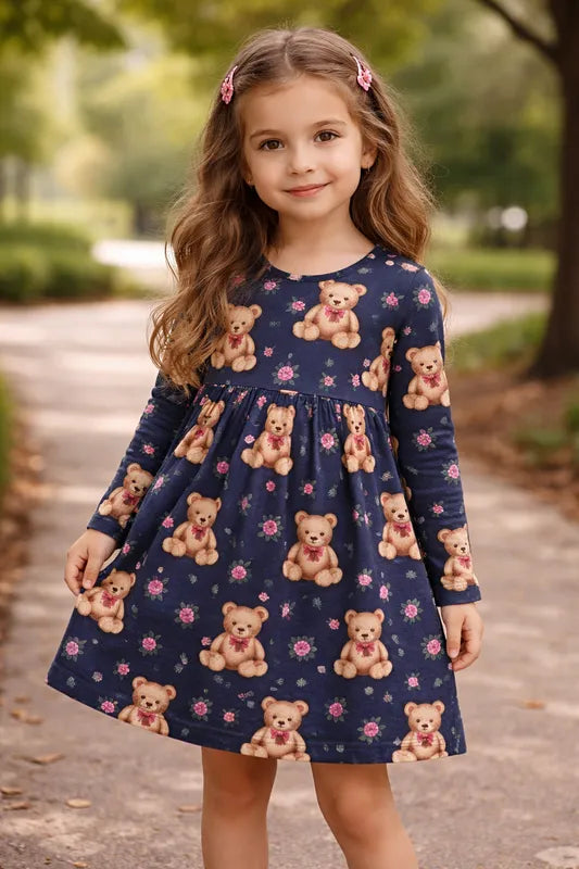 Vestido Infantil Kyly Ursinho Manga Longa Inverno Menina