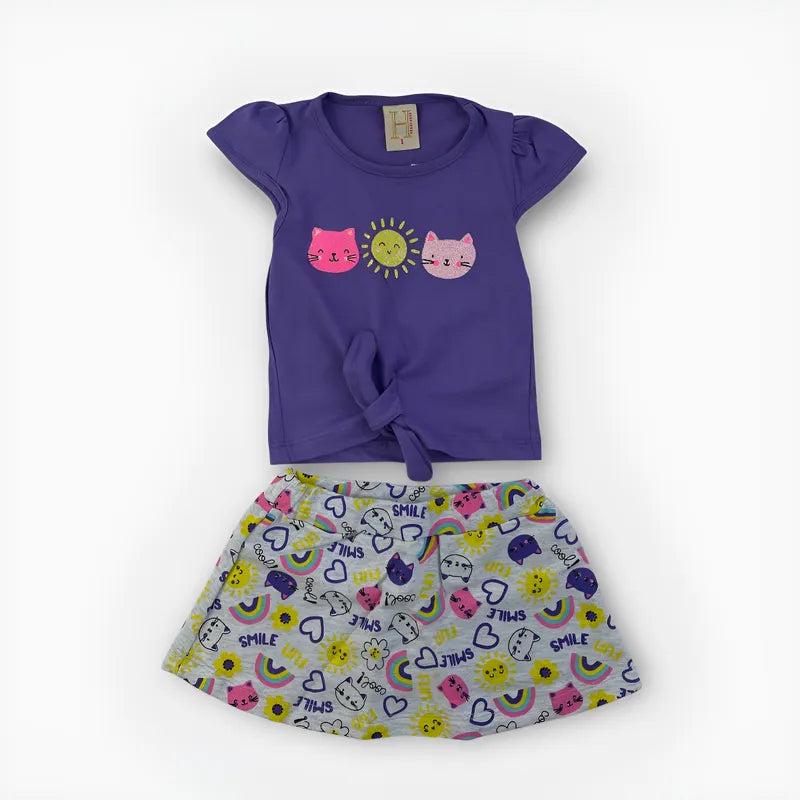 Conjunto infantil Feminino Hrradinhos Gatinhos Short Saia Blusa Verão