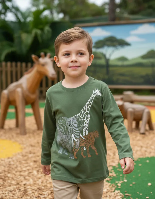Camisa Infantil Kyly Manga Longa Inverno Animais Safari Menino