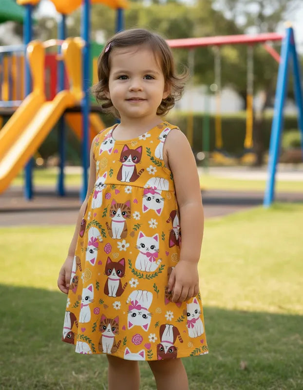 Vestido Kyly Infantil Menina Gatinhas e Flores