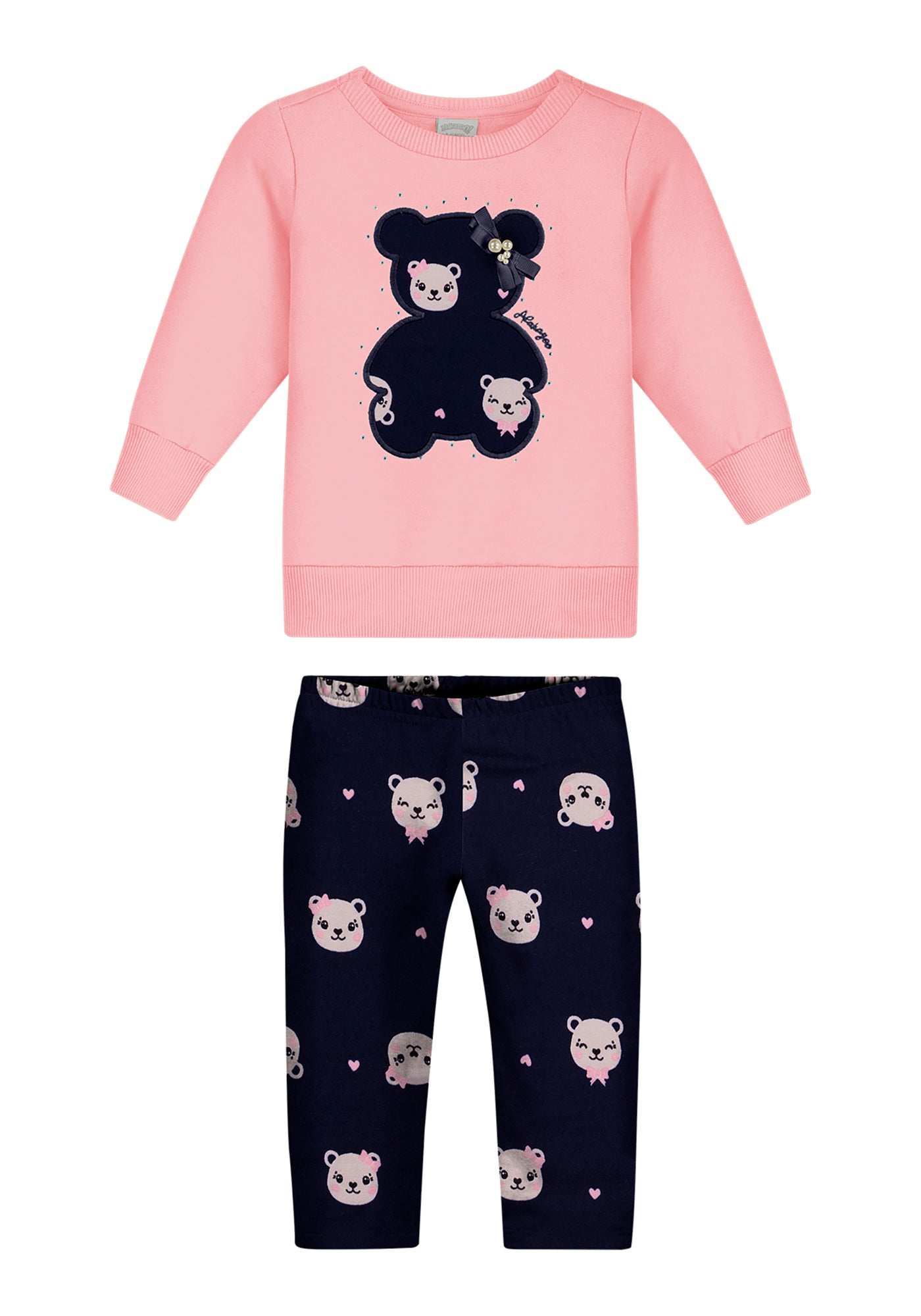 Conjunto Infantil Feminino Alakazoo Ursinha em Moletom e Molecotton com Aplique