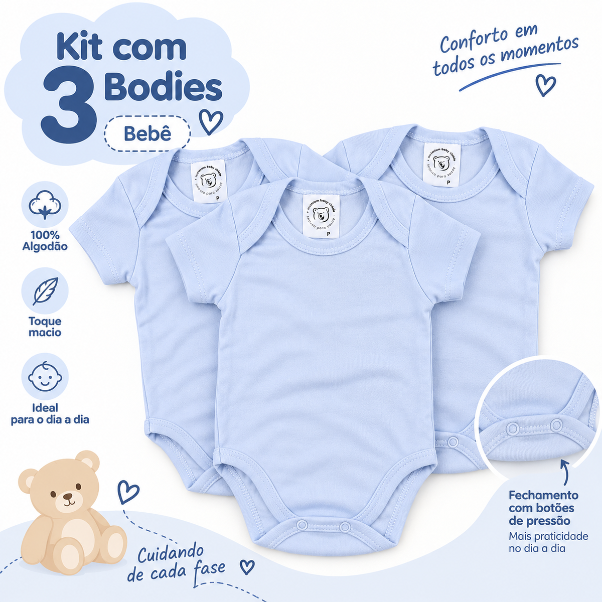 Kit 3 Bodies Suedine Meia Manga Mafessoni