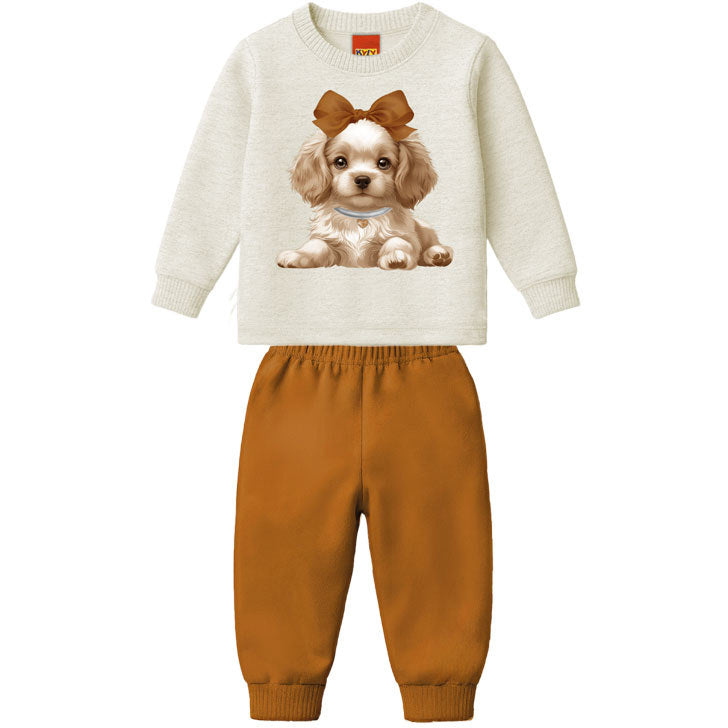 Conjunto Infantil Feminino Kyly em Moletom com Estampa de Cachorrinha e Laço