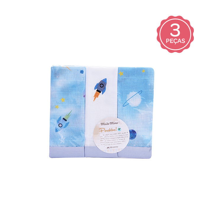 Kit Pano de Boca Muito Mimo Bordado Enxoval Estampado 3 Peças