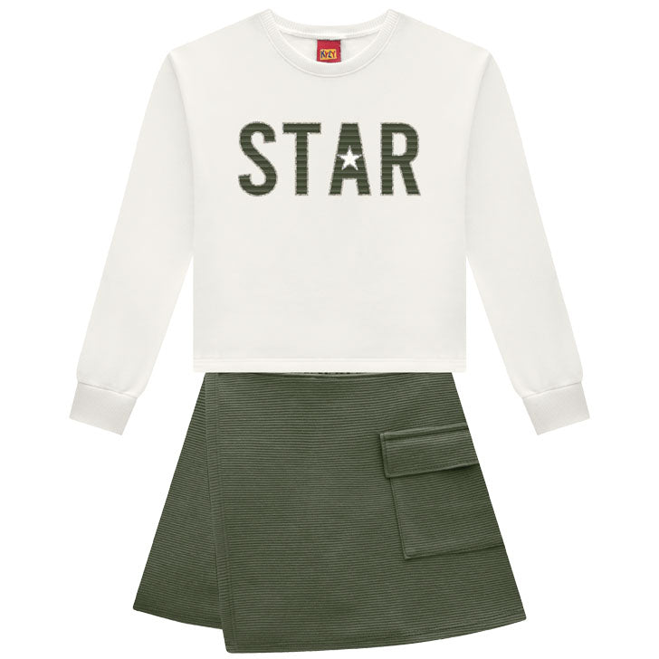 Conjunto Infantil Feminino Kyly Cropped Moletinho Star e Short-Saia