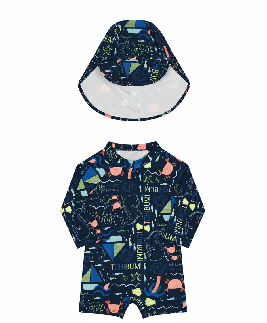 Macaquinho Infantil Masculino Kamylus Tchibum Fundo do Mar + Boné – Manga Longa UV50+ Proteção Solar