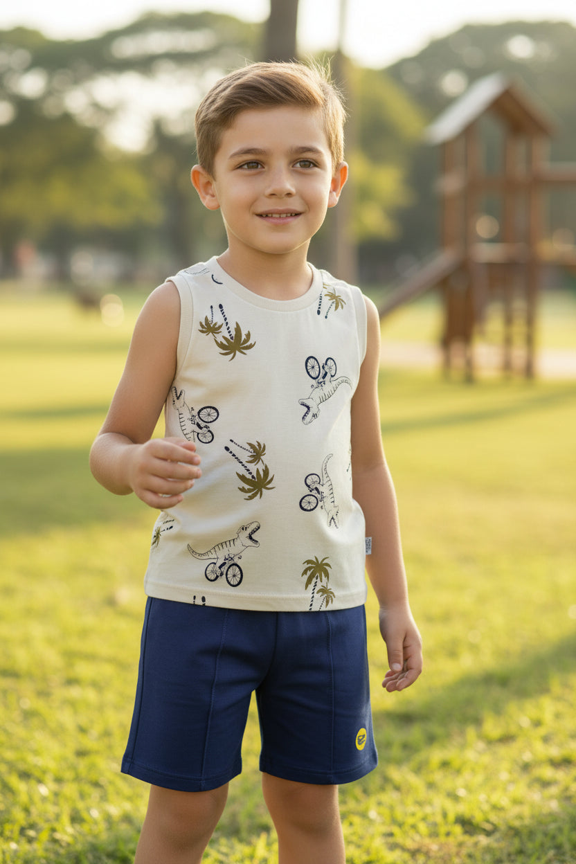 Conjunto Masculino Infantil Brincar e Arte T-Rex na Bike