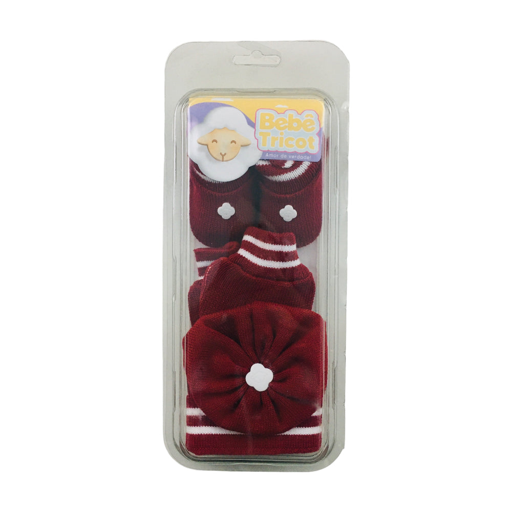 Kit Bebe Tricot Listras Com Sapato Luva E Touca 3 Peças