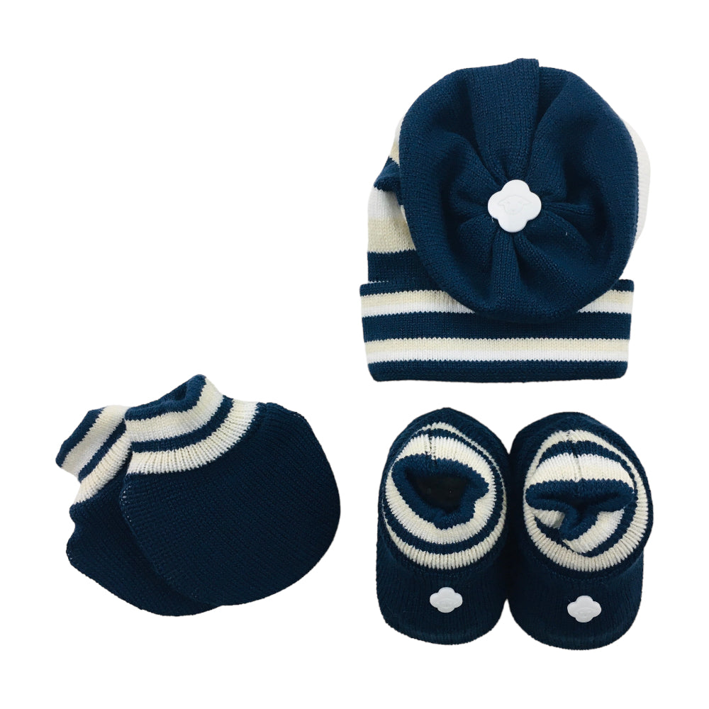 Kit Bebe Tricot Listras Com Sapato Luva E Touca 3 Peças