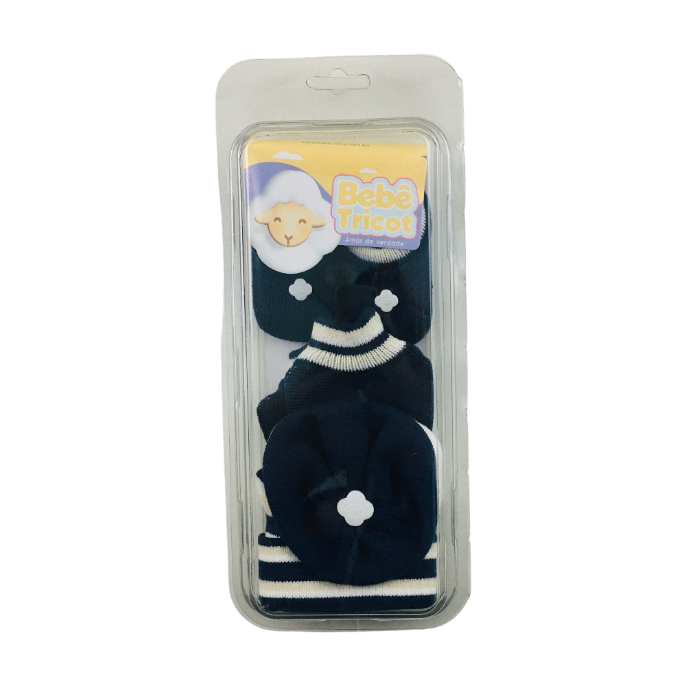 Kit Bebe Tricot Listras Com Sapato Luva E Touca 3 Peças