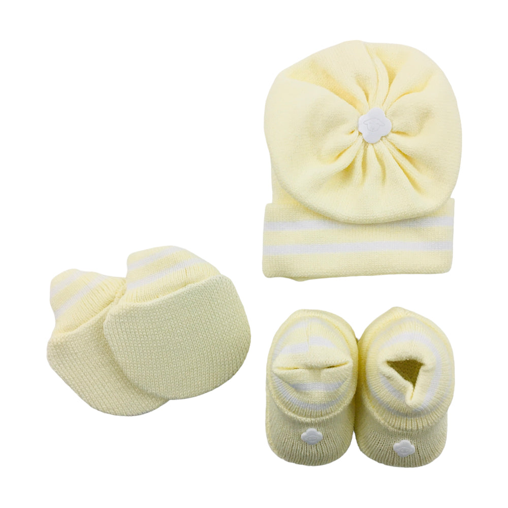 Kit Bebe Tricot Listras Com Sapato Luva E Touca 3 Peças