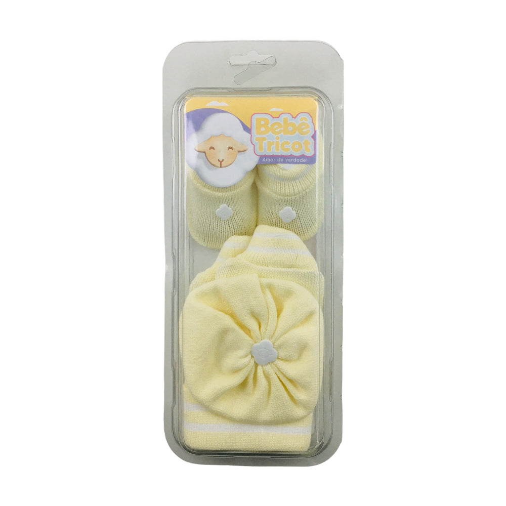 Kit Bebe Tricot Listras Com Sapato Luva E Touca 3 Peças