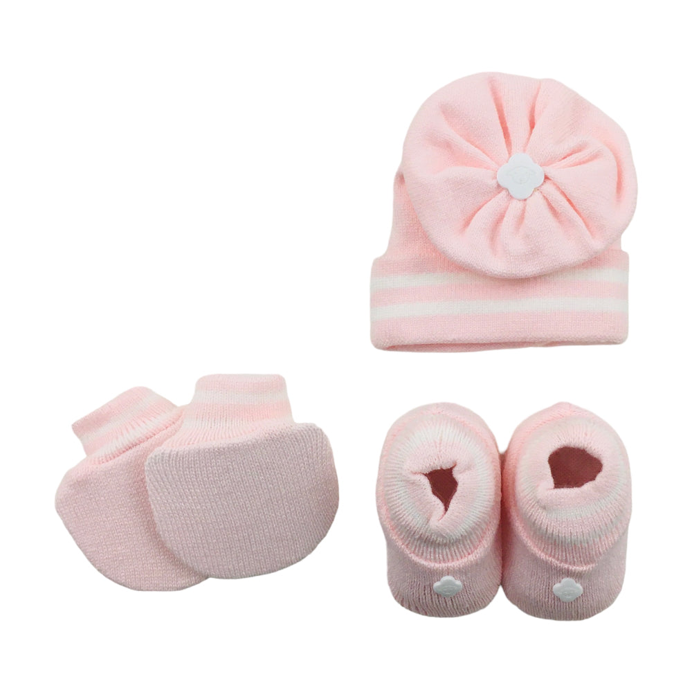Kit Bebe Tricot Listras Com Sapato Luva E Touca 3 Peças